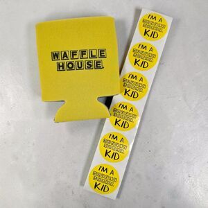 Waffle House Koozie Can Cooler Yellow Neoprene 6 I'm A Waffle House Kid Stickers